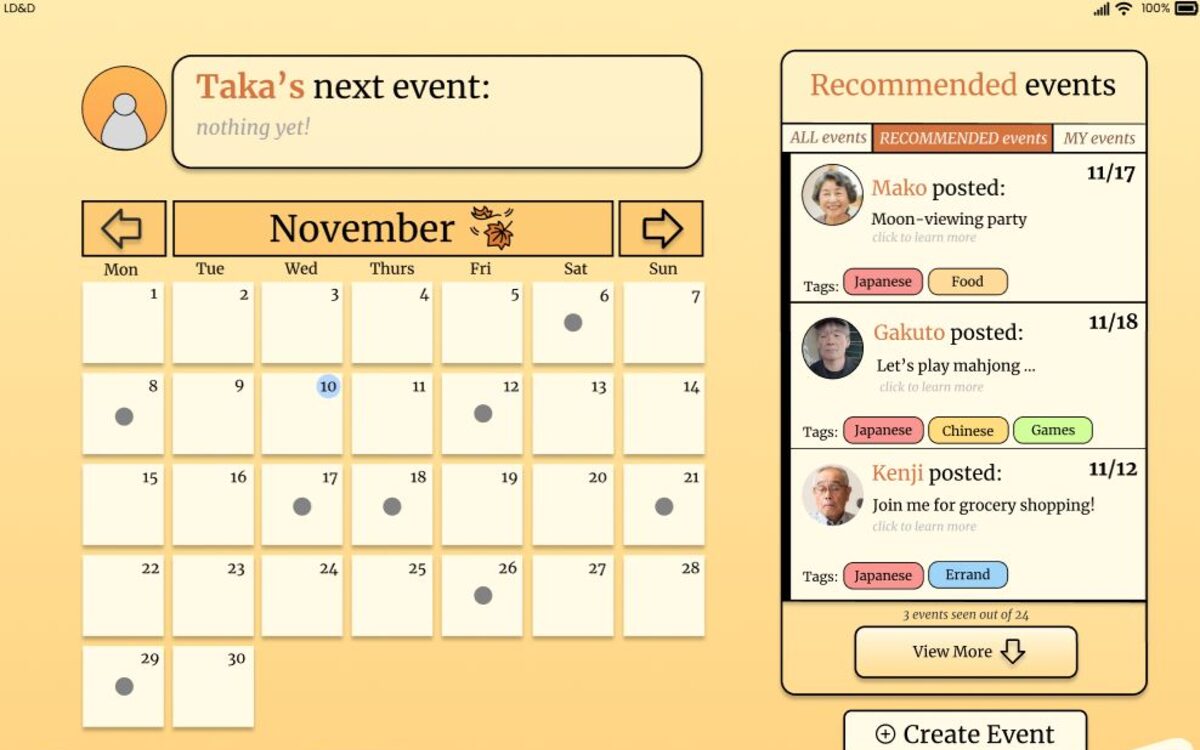 Lucky Day calendar and recommended events screens
